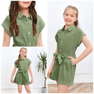Girls Cute Romper Button Down Belted Jumpsuit Wide Leg Short Summer Outfits
